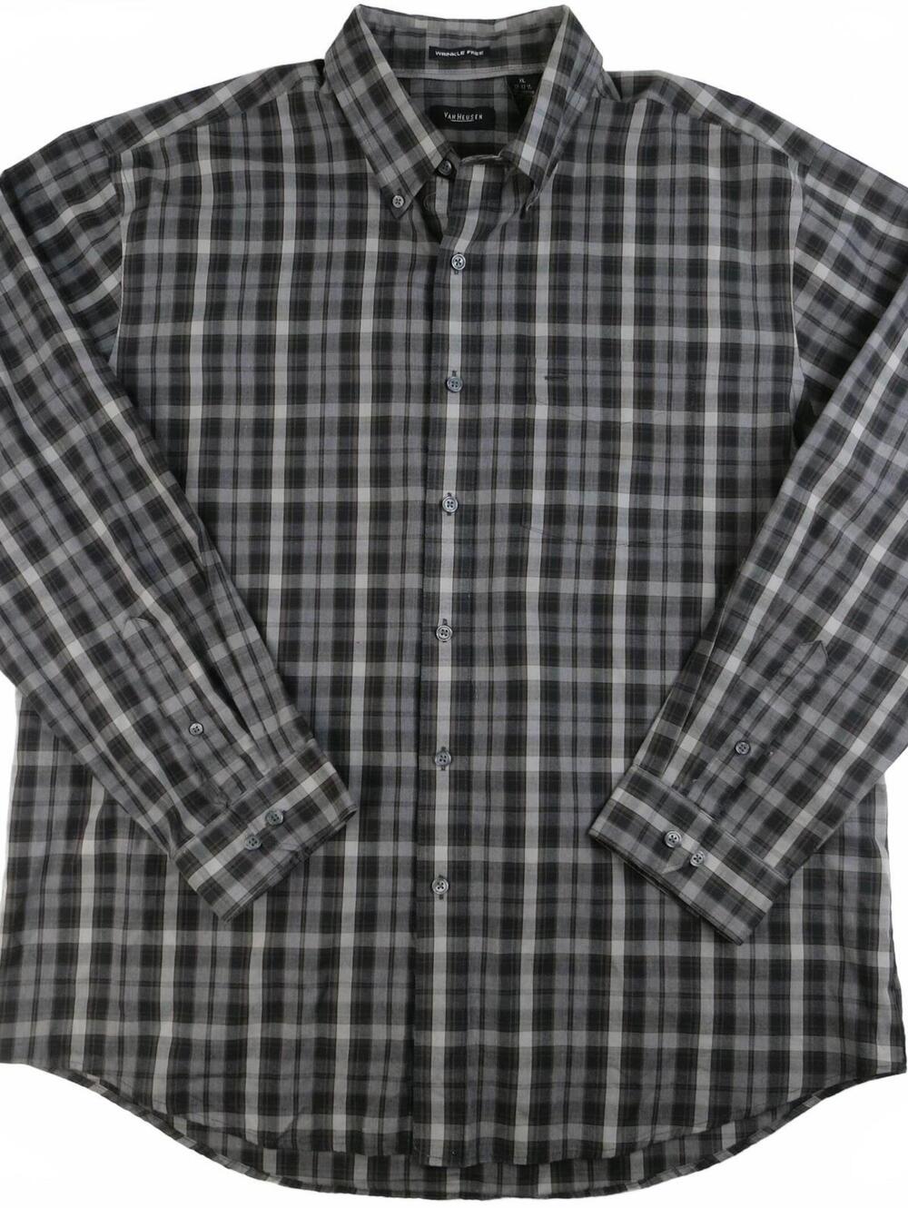 Van Heusen Wrinkle Free Black/Gray Plaid Button-Up Mens XL